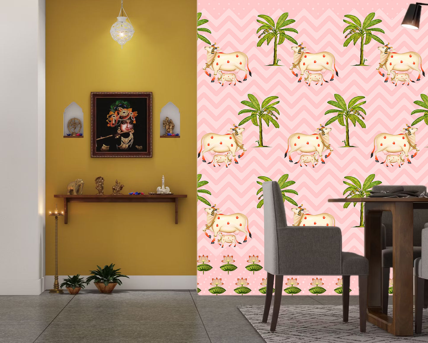 Trending Indian Pichwai Cow with Ethnic Wallpaper for Heritage Interiors