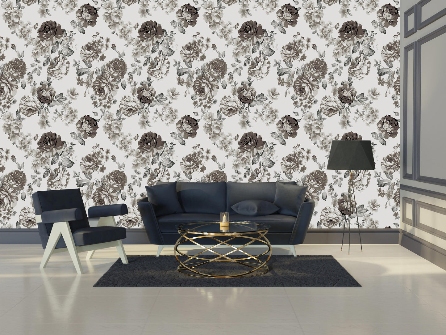 BLACK & WHITE  LILY FLORAL BEDROOM WALLPAPER