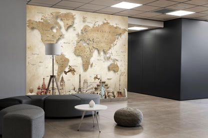 Brownish World Map Theme Wallpaper for Vintage Global