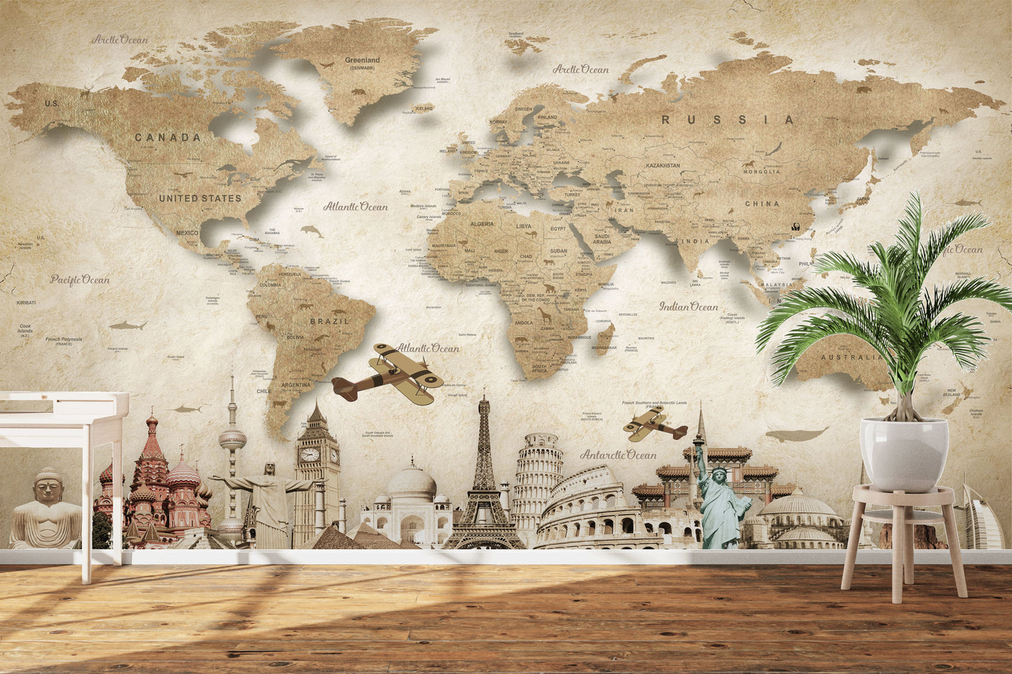Brownish World Map Theme Wallpaper for Vintage Global