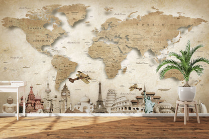 Brownish World Map Theme Wallpaper for Vintage Global