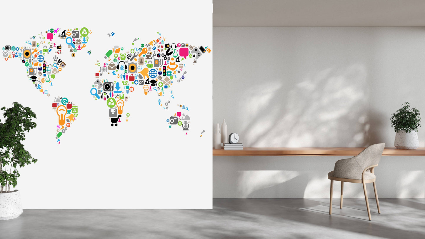 Colourful World Map Theme Wallpaper for Educational and Creative Interiors