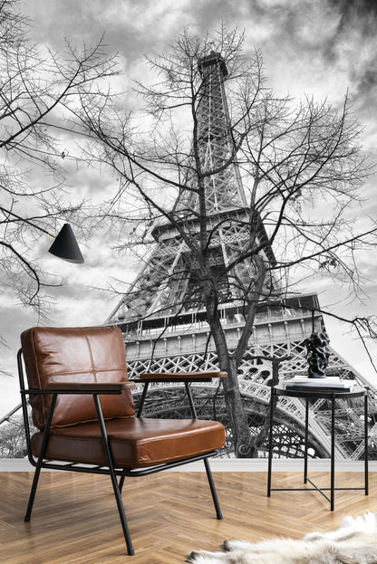 Black & White Eiffel Tower Wallpaper for Modern Urban Interiors